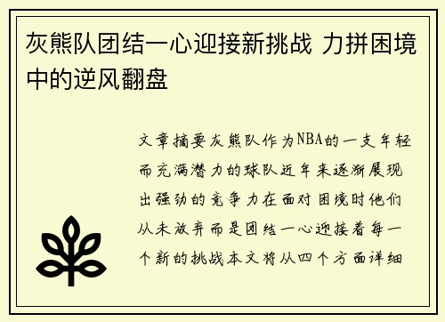 灰熊队团结一心迎接新挑战 力拼困境中的逆风翻盘