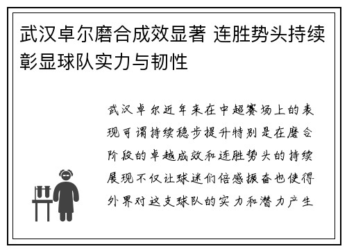 武汉卓尔磨合成效显著 连胜势头持续彰显球队实力与韧性