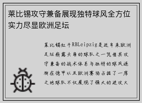 莱比锡攻守兼备展现独特球风全方位实力尽显欧洲足坛