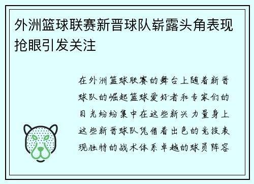 外洲篮球联赛新晋球队崭露头角表现抢眼引发关注