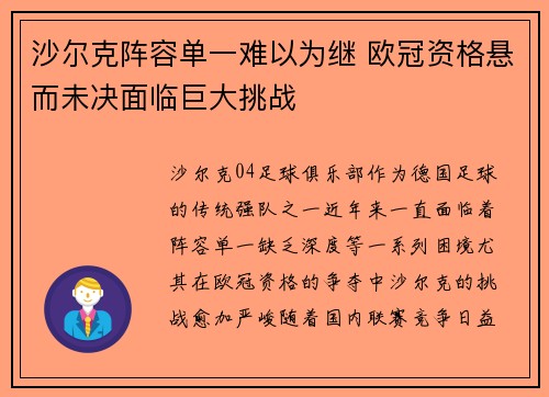 沙尔克阵容单一难以为继 欧冠资格悬而未决面临巨大挑战