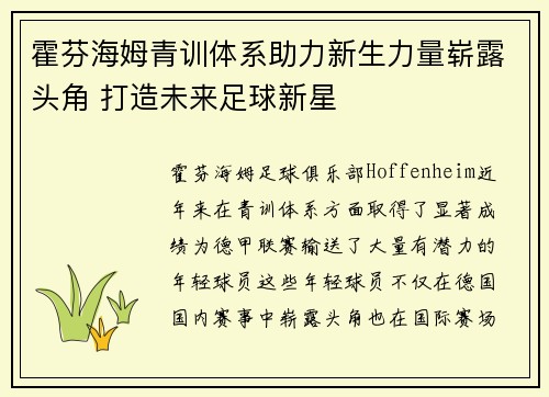 霍芬海姆青训体系助力新生力量崭露头角 打造未来足球新星