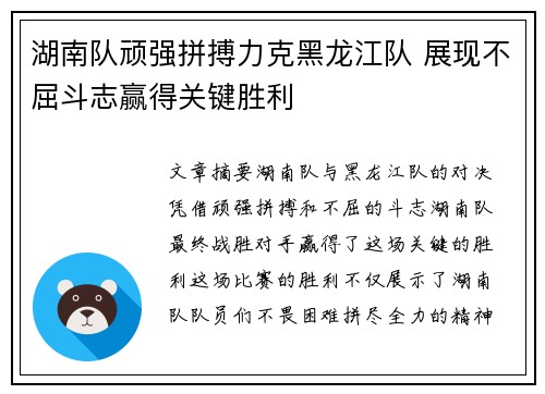 湖南队顽强拼搏力克黑龙江队 展现不屈斗志赢得关键胜利
