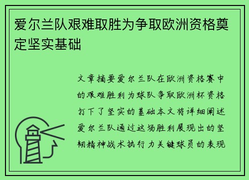 爱尔兰队艰难取胜为争取欧洲资格奠定坚实基础