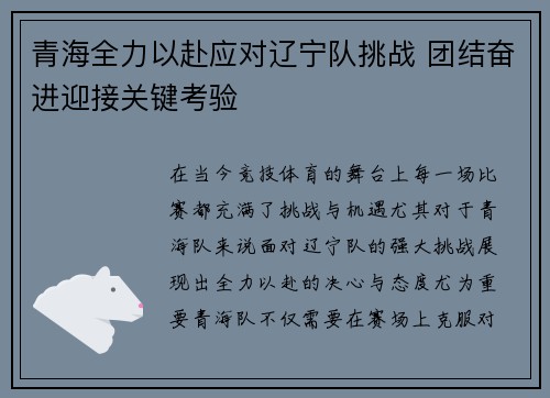 青海全力以赴应对辽宁队挑战 团结奋进迎接关键考验